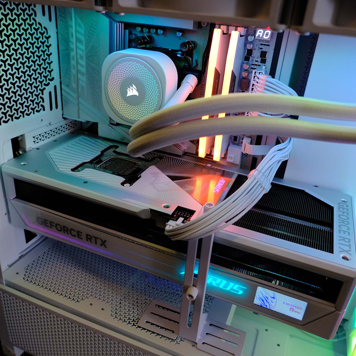A top-down shot of PCSpecialist Luna Recon Master's internals, showcasing the size of the system's graphics card.