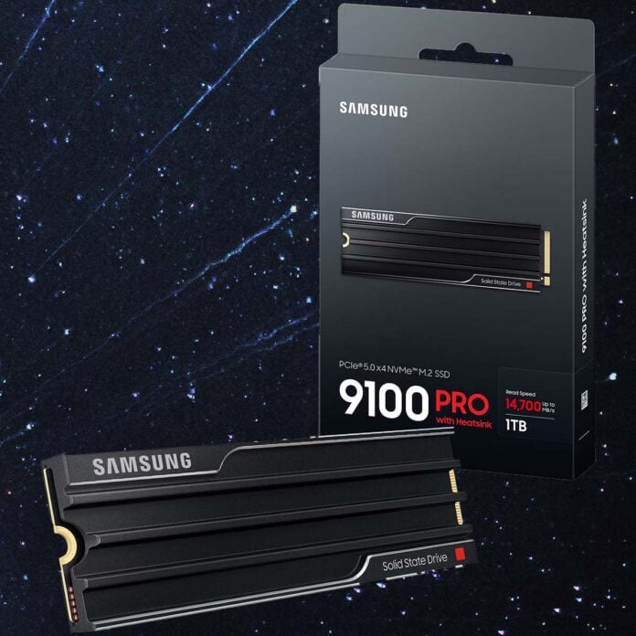 Samsung 9100 Pro SSD (bottom left), next to retailing packaging (top right).