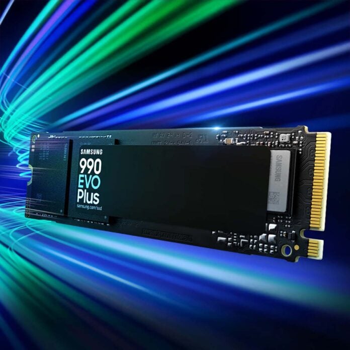 Samsung 990 Evo Plus SSD, floating against trails of blue and green lights.