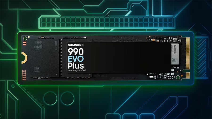 Samsung 990 Evo Plus, floating against the outlines of a circuit board, highlighted in blue and green.