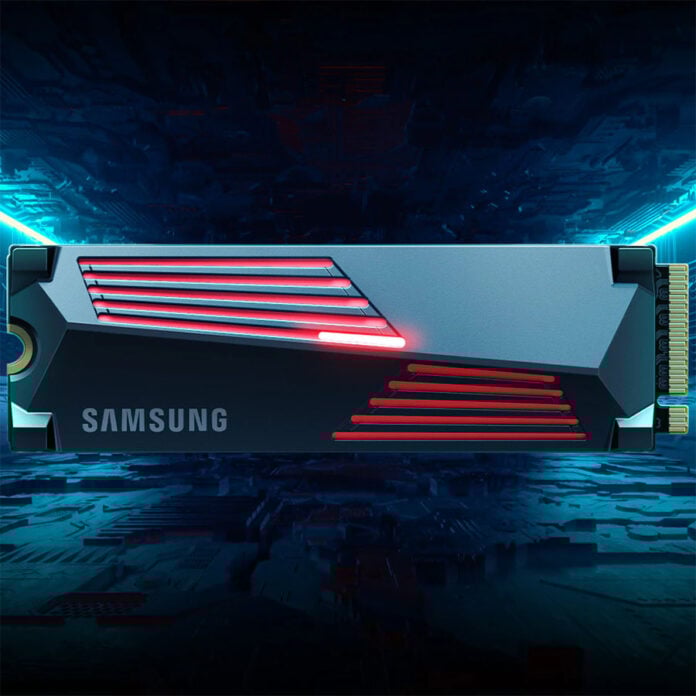 Samsung 990 Pro Heatsink SSD, floating against a metallic cave-like backdrop.