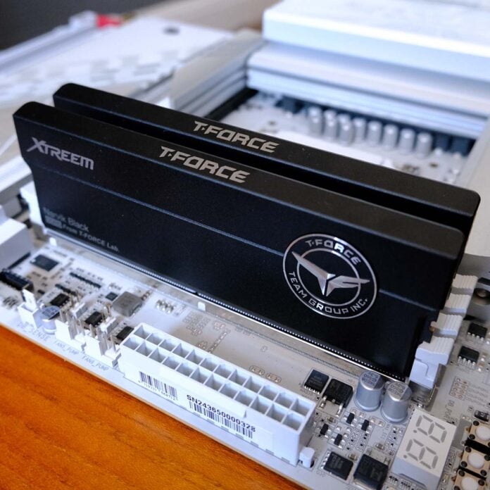 A top-down view of T-Force Xtreem CKD DDR5, placed inside a motherboard.