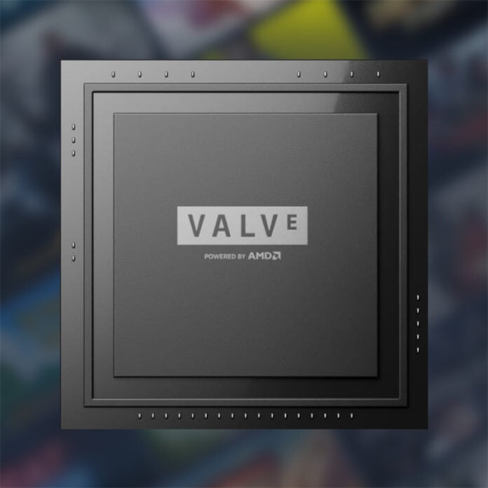 3D render of a Valve SoC, against a blurred background of the Steam store.