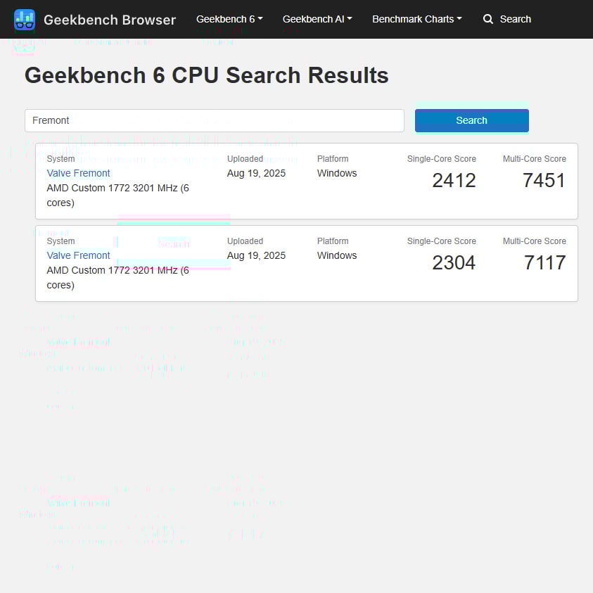 Listings for Valve Fremont in Geekbench 6 database.