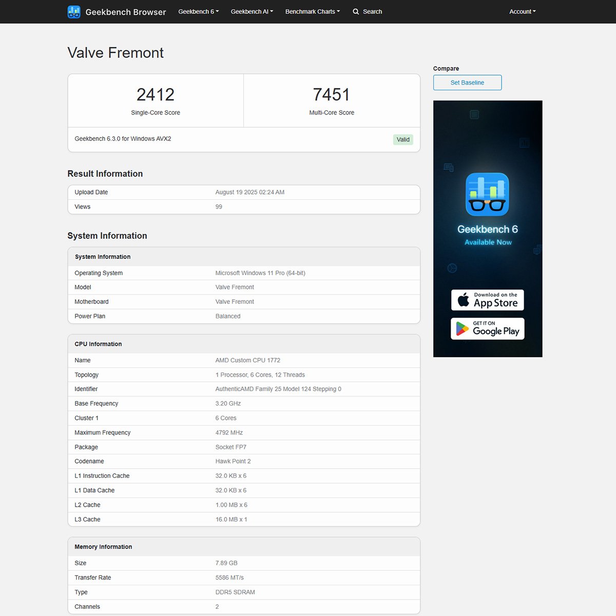 Geekbench 6 result for Valve Fremont.