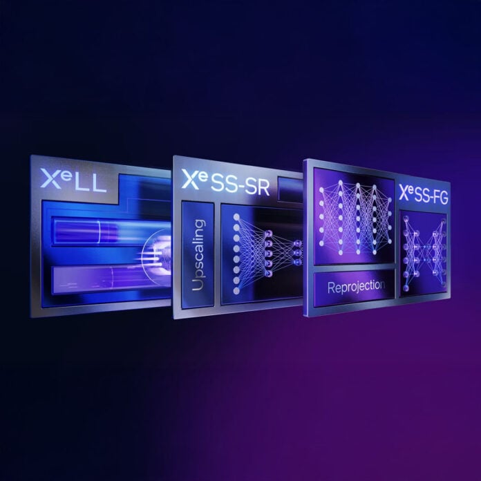 Xe-LL (Low Latency), XeSS-SR (Super Resolution), and XeSS-FG (Frame Generation) tiles line up behind one another against a blue-purple background.
