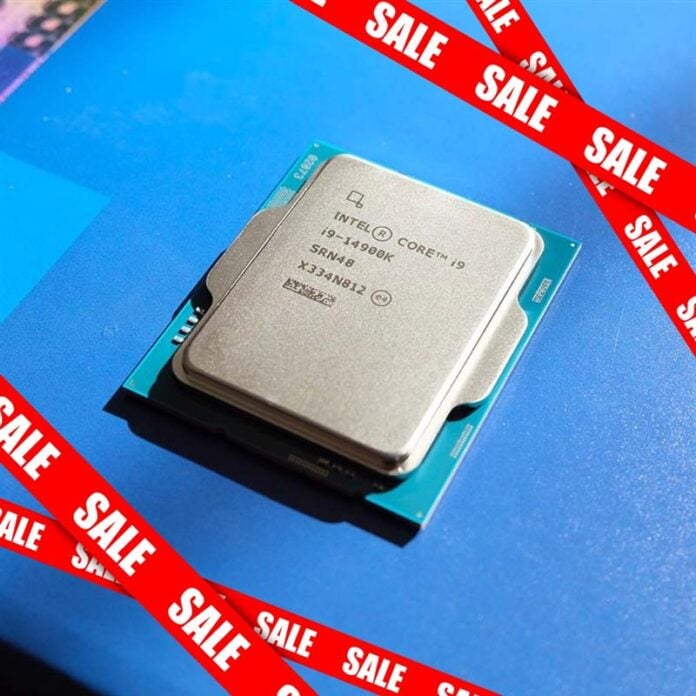 Core i9-14900K resting on its retail packaging, surrounding by 'sale' ribbons.
