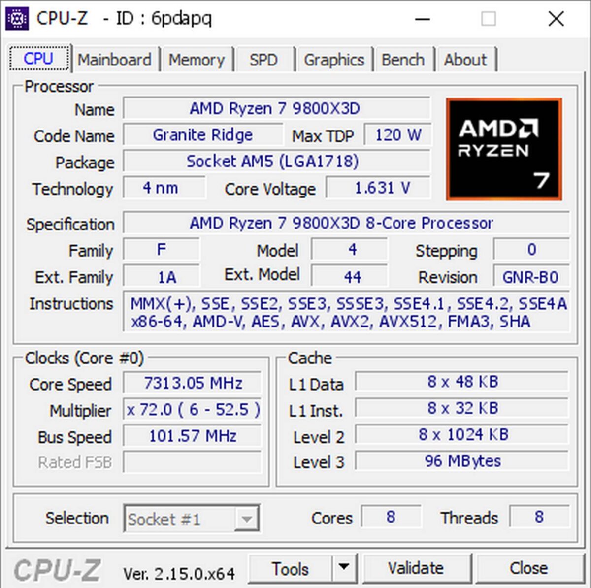 AMD Ryzen 9800X3D 7.3GHz OC on CPU-Z.