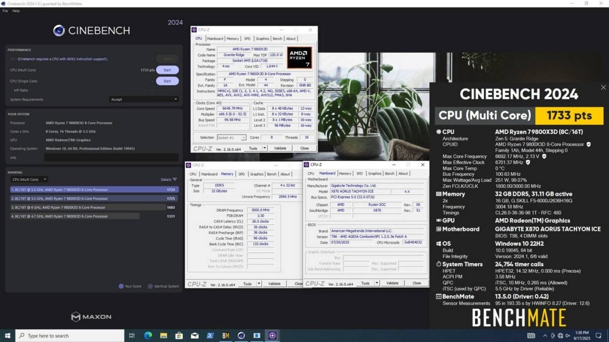 AMD Ryzen 9800X3D overclocking performance on Cinebench 2024.