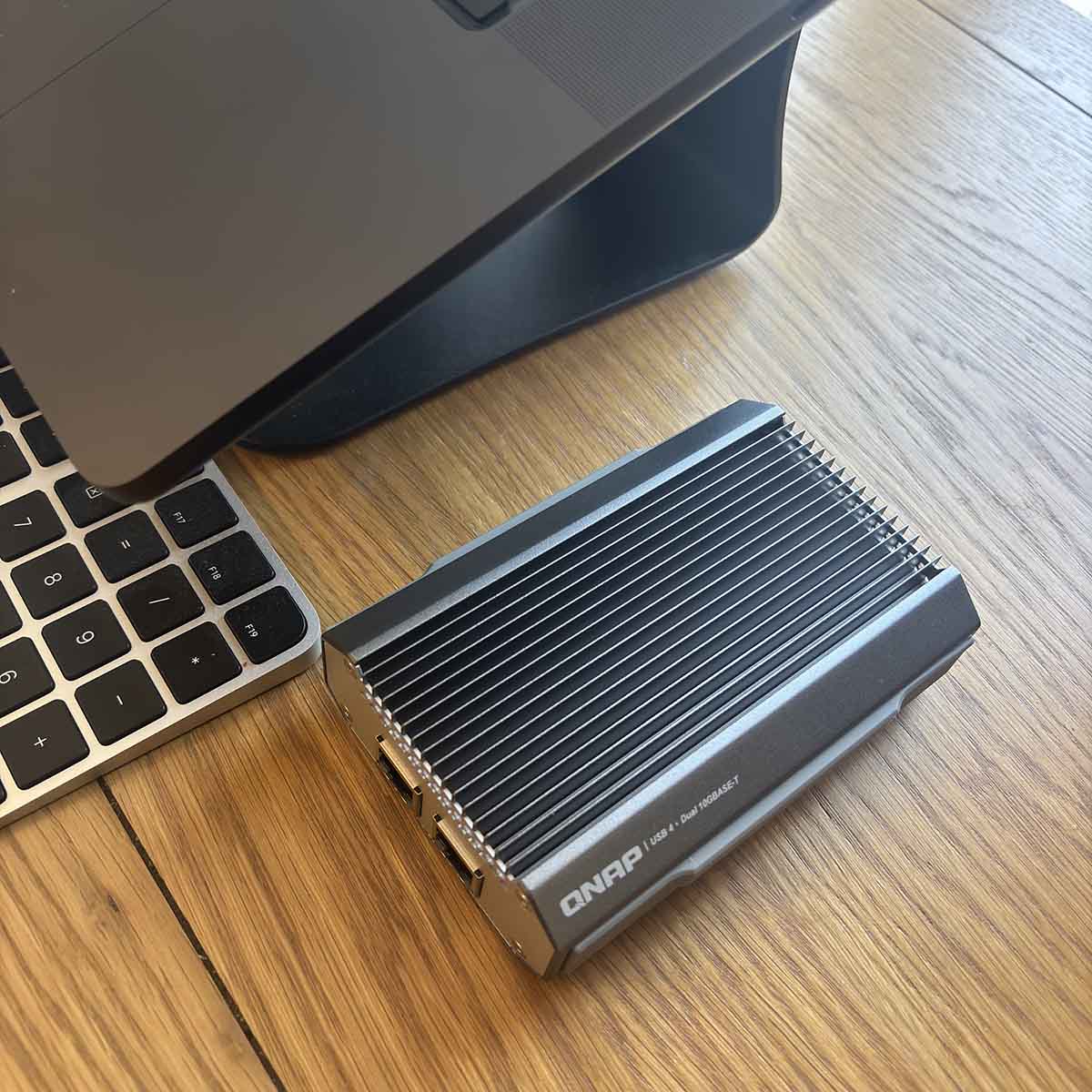 A picture showing the QNAP adapter in situ.