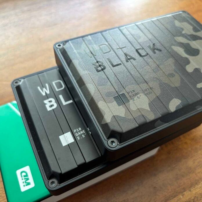 A picture of the WD P10 6TB Camo drive stacked on top of other drives.