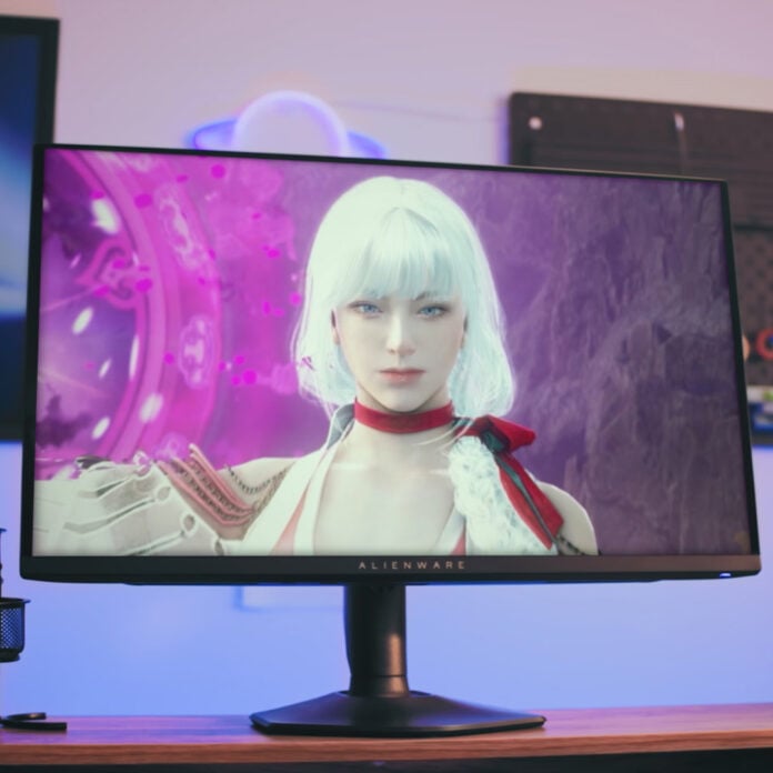 A white-haired character stares out of Alienware AW2725DF.