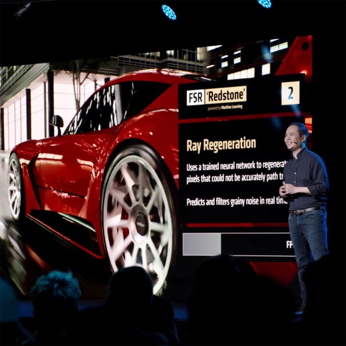 Photograph from AMD's Computex 2025 keynote, featuring a speaker in front of an FSR Redstone presentation slide.