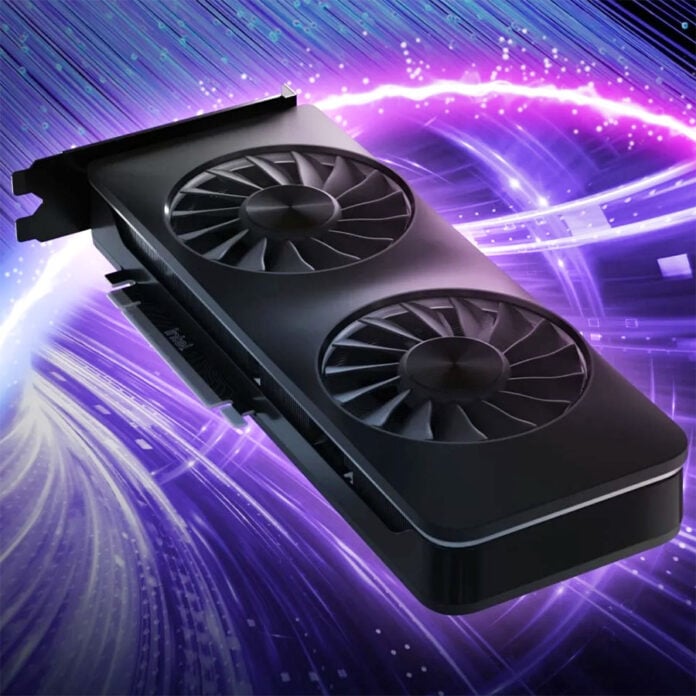 Intel Arc B580 graphics card, floating against a pink-purple background.