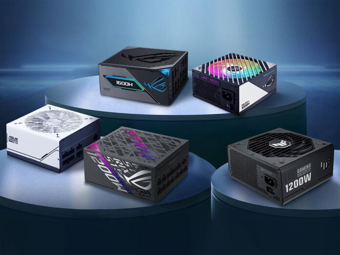 A group of five Asus power supplies, split across the ROG, TUF Gaming, and Prime families.