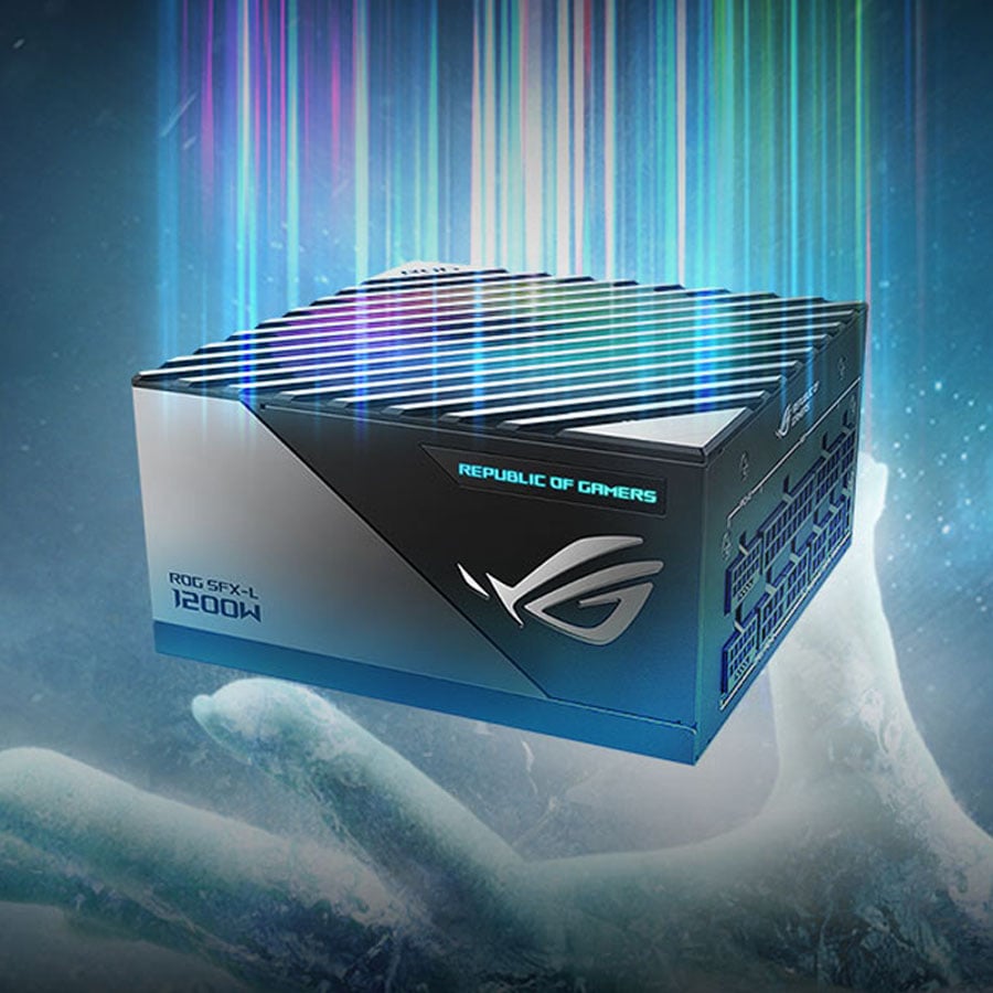 ROG Strix Loki power supply, rainbow streaks emitting from its fan vents, held in an icy hand.