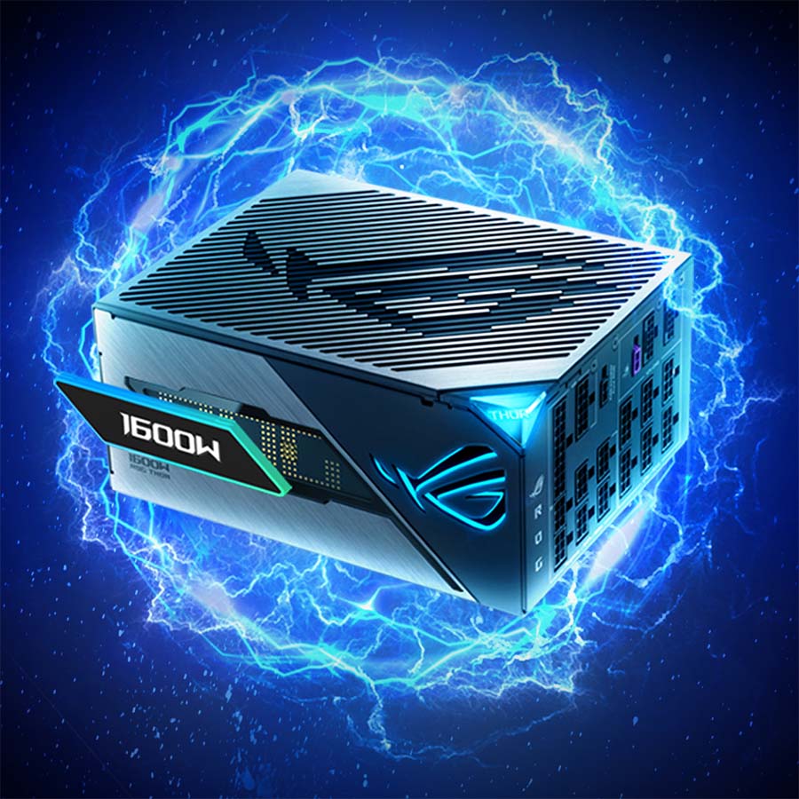 Asus ROG Thor III Series power supply, surrounded by blue electric energy.