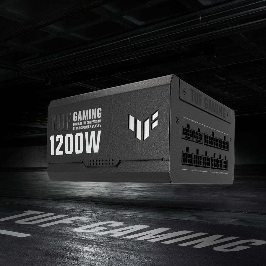 Asus TUF Gaming power supply, floating above a metallic surface.
