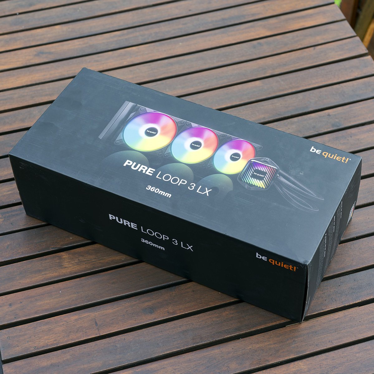 A top-down view of be quiet! Pure Loop 3 LX 360 packaging.