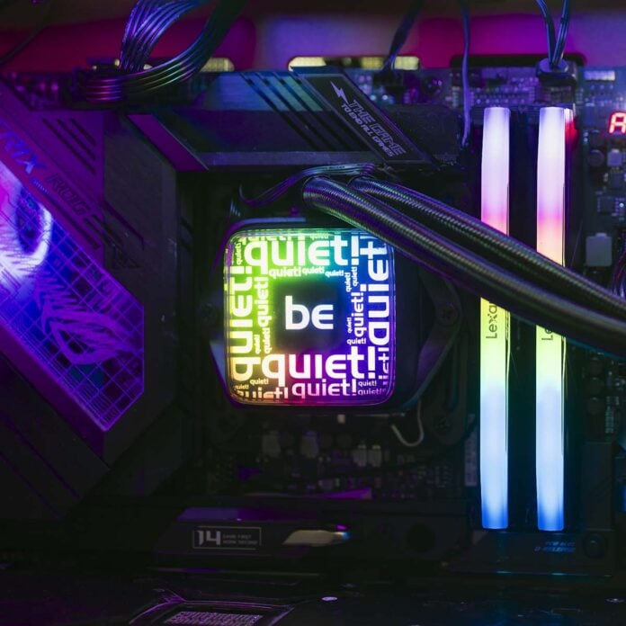 A close-up of be quiet! Pure Loop 3 LX 360's pump, glowing brightly with an array of colours.