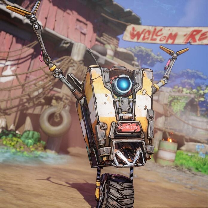 Claptrap, a character from Borderlands 4, holds their hands in the air.