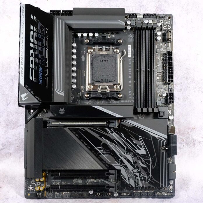 A top-down view of Gigabyte X870E Aorus Elite X3D.