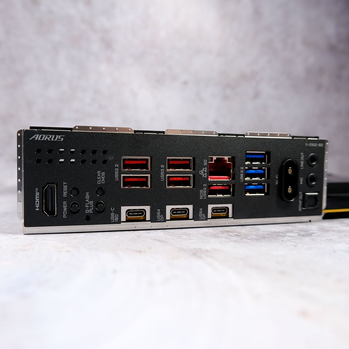 A close up of USB ports and more on the rear I/O of Gigabyte X870E Aorus Elite X3D.