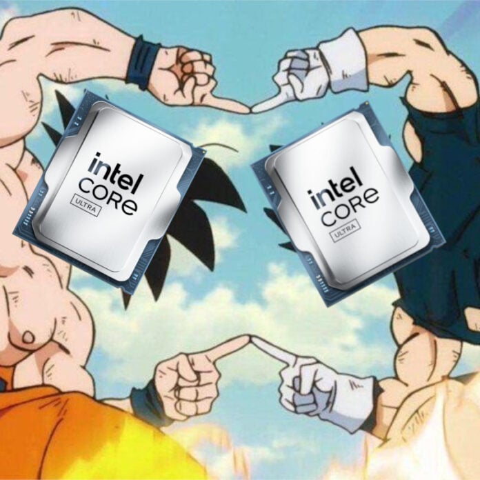 Two Intel Core Ultra processors are superimposed over the faces of two characters from Dragonball Z, as they engage in a 'fusion dance'.
