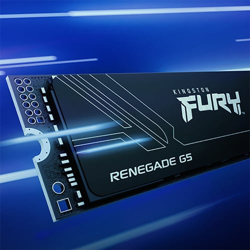 Kingston a close up of a Kingston Fury Renegade G5 SSD, flying through a blue backdrop.