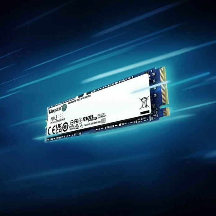 Kingston NV3 SSD, flying through a blue backdrop at high-speed.