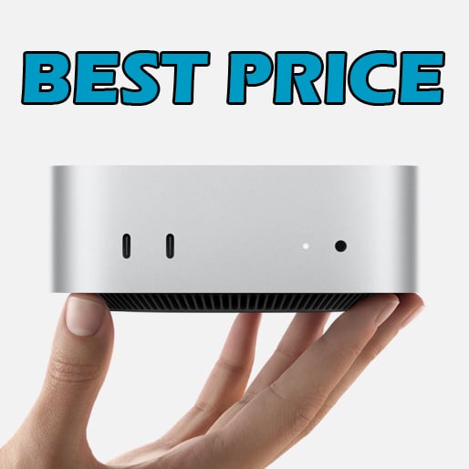 Mac Mini M4, held in a hand, with the text 'best price'