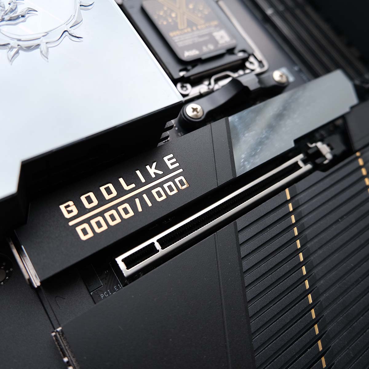 A close up of the M.2 heatsink on MEG X870E Godlike X, focussing on the unit number '0000/1000'.