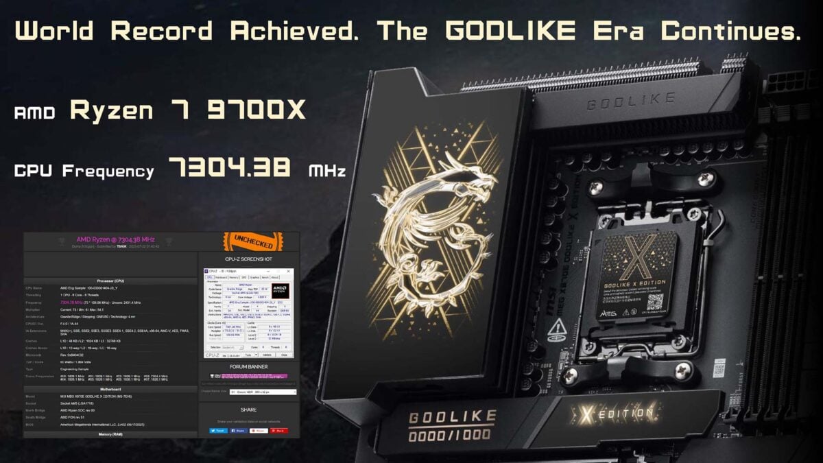 An MEG X870E Godlike X infographic, detailing how the motherboard has achieved a world record frequency for AMD Ryzen 7 9700X.
