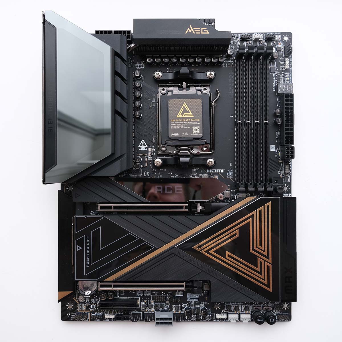 Top-down shot of MEG X870E Ace Max motherboard.