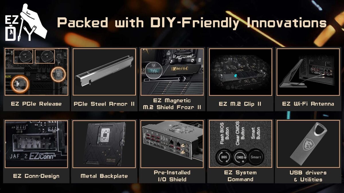An infographic, detailing the EZ DIY feature set spread across MSI Max motherboards.