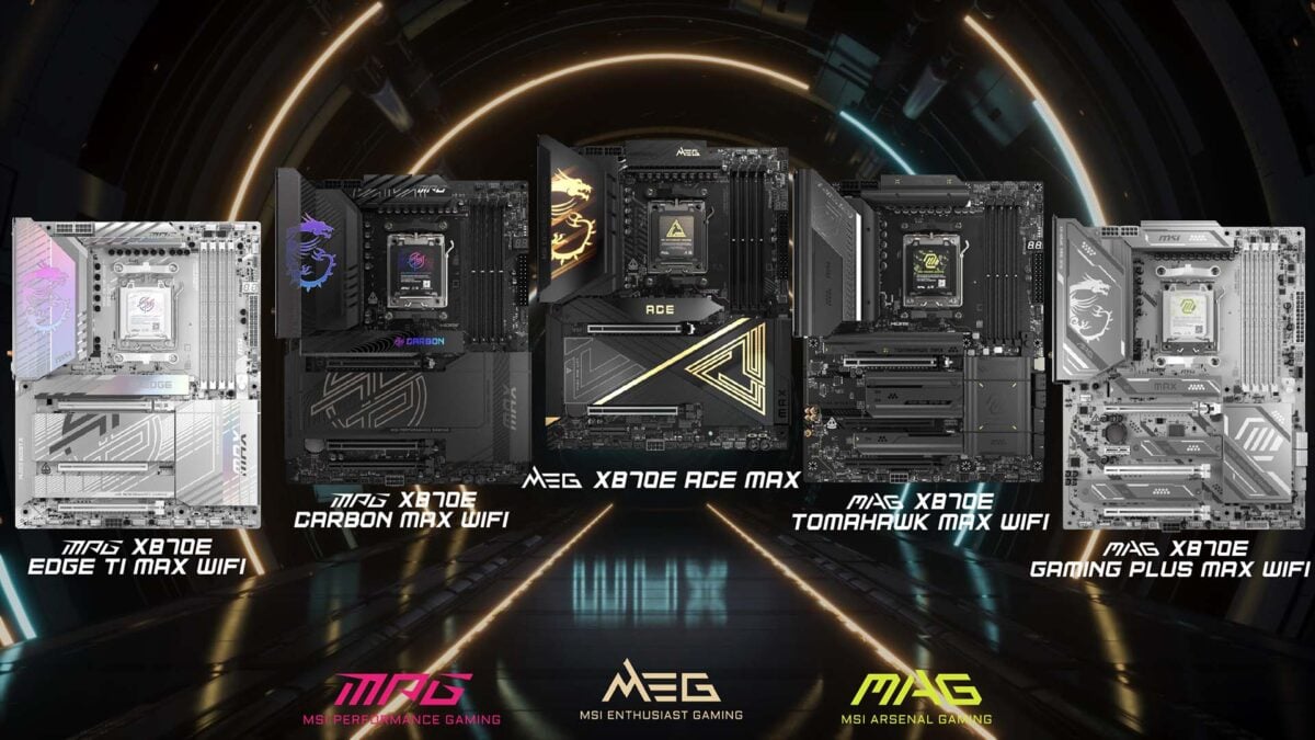 The entire MSI X870E 'Max' motherboard series, lined up next to one another.