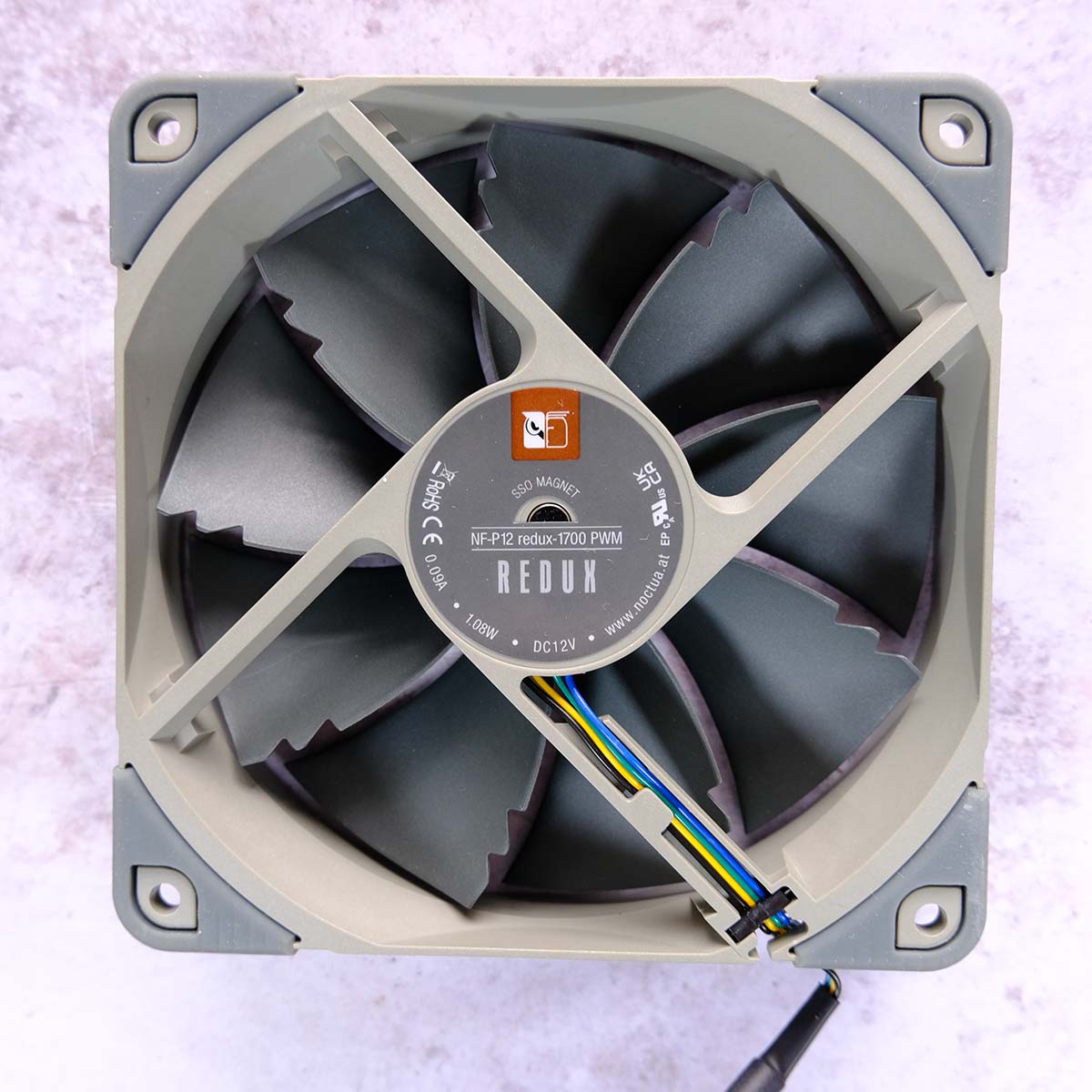 A top-down view of NF-P12 redux-1700 PWM, showcasing the rear of the fan.