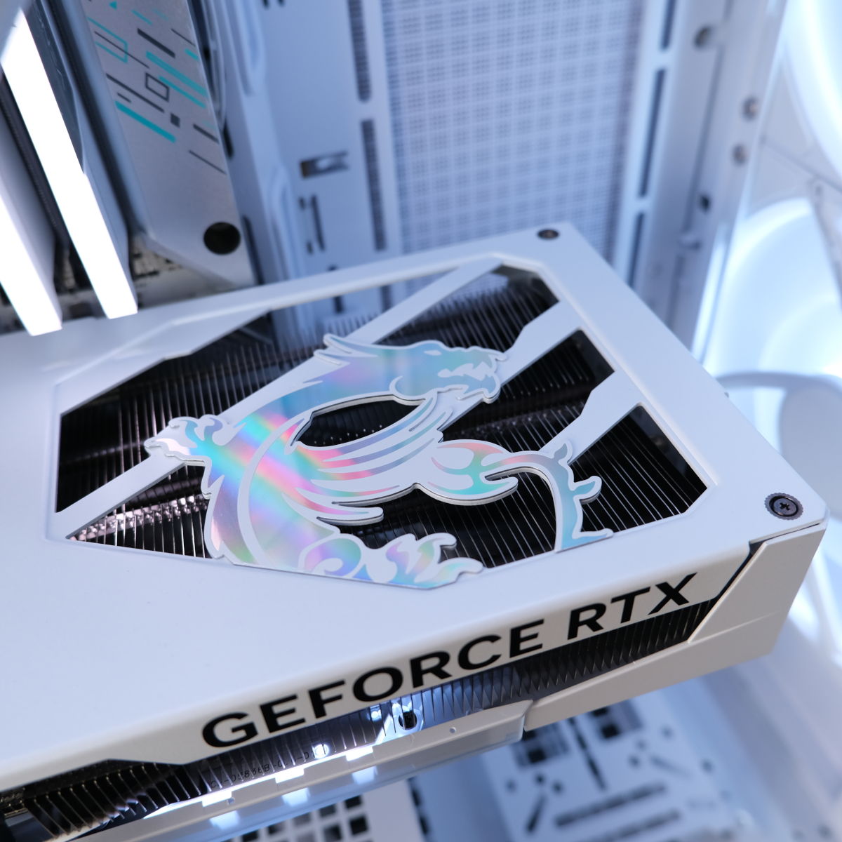 A close up of the MSI Dragon Motif on the backplate of the graphics card inside Novatech Reign Sentinel.