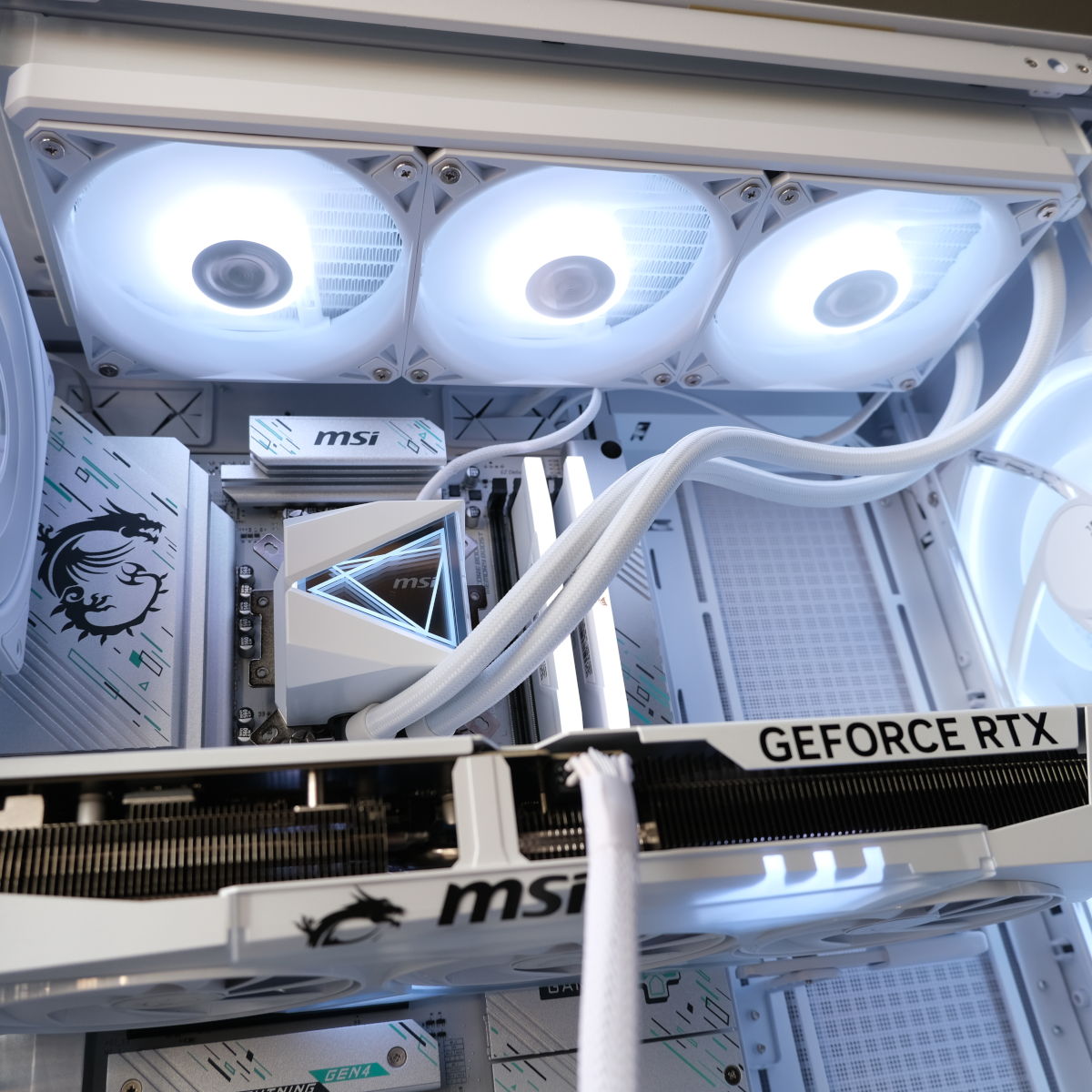 A wide shot of Novatech Reign Sentinel's internal hardware, looking up at the 360mm radiator.