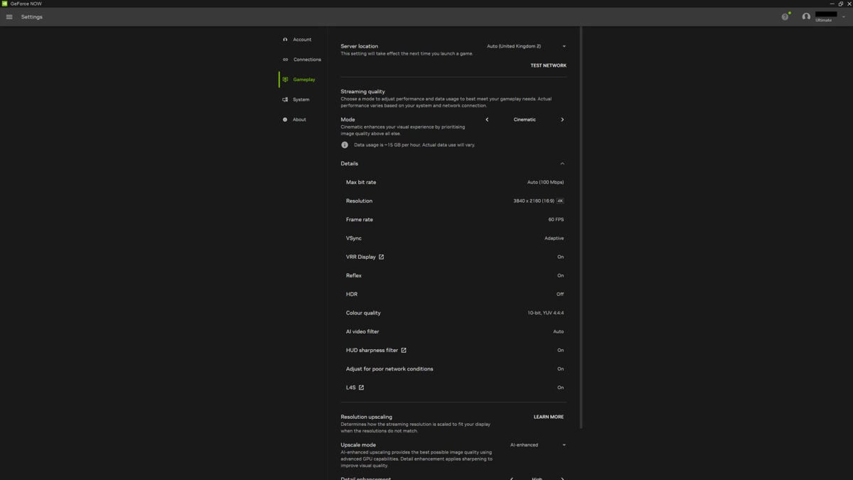 A screenshot of Nvidia GeForce Now, illustrating the default settings for 'Cinematic' streaming mode.