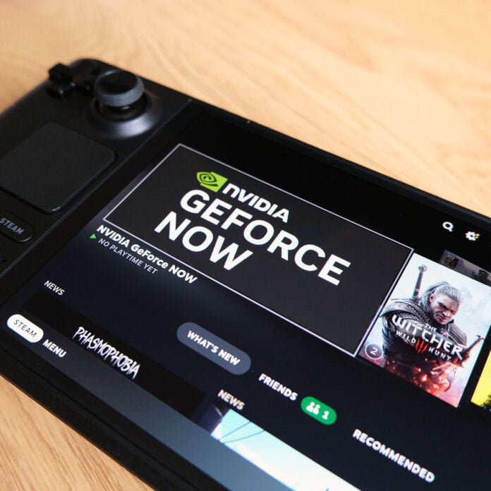 A close up of a Steam Deck dashboard, with the GeForce Now app highlighted.