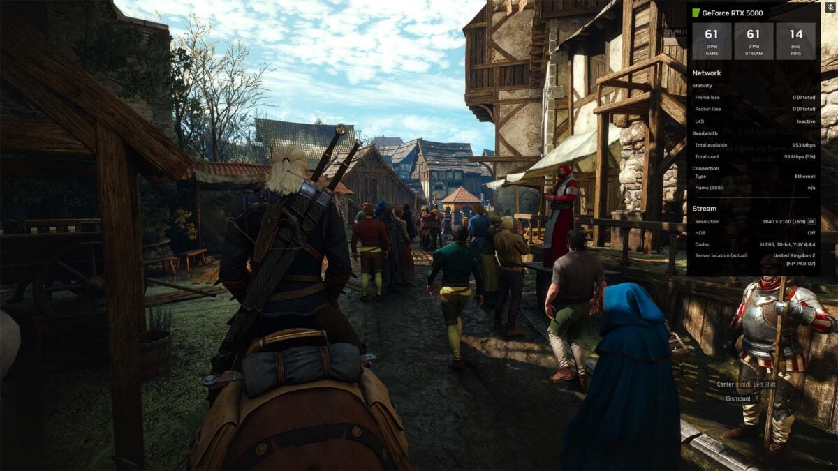 A screenshot of The Witcher 3, running on Nvidia GeForce Now RTX 5080 SuperPODS.