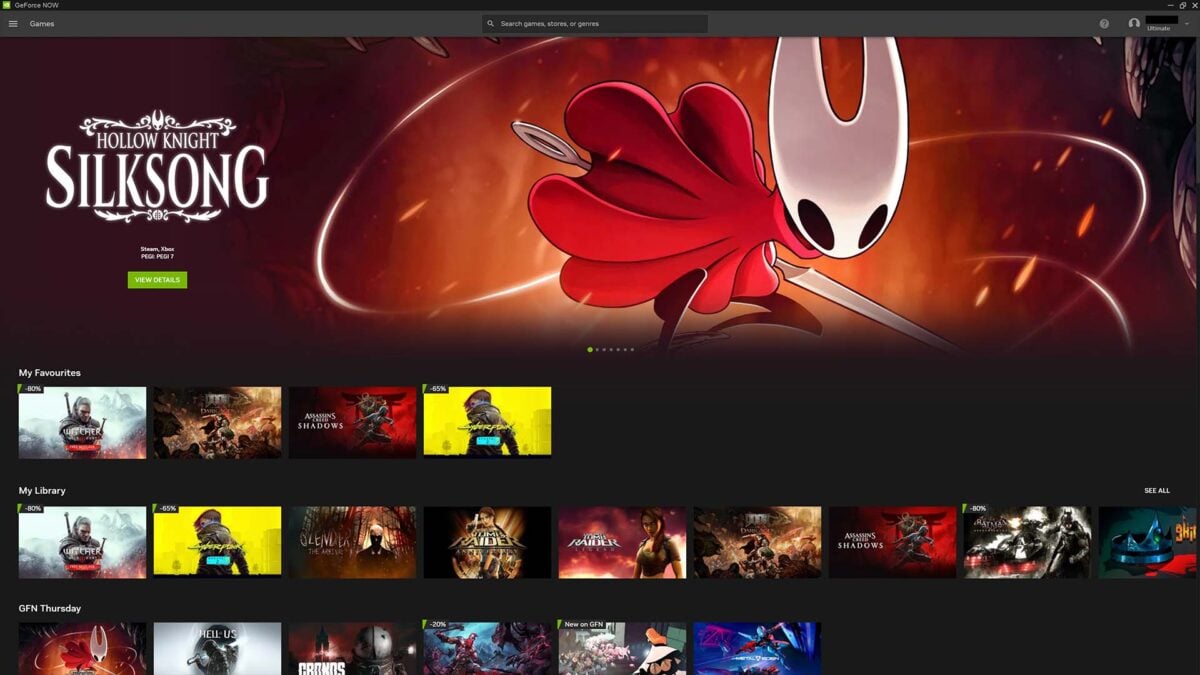 Screenshot of Nvidia GeForce Now dashboard.