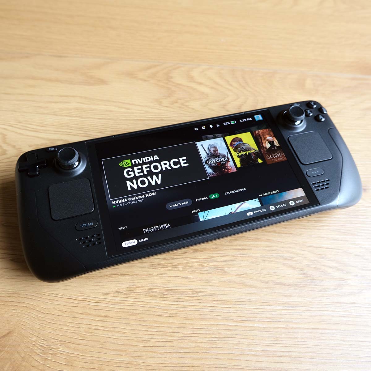 Steam Deck OLED, with the GeForce Now app selected on the dashboard.