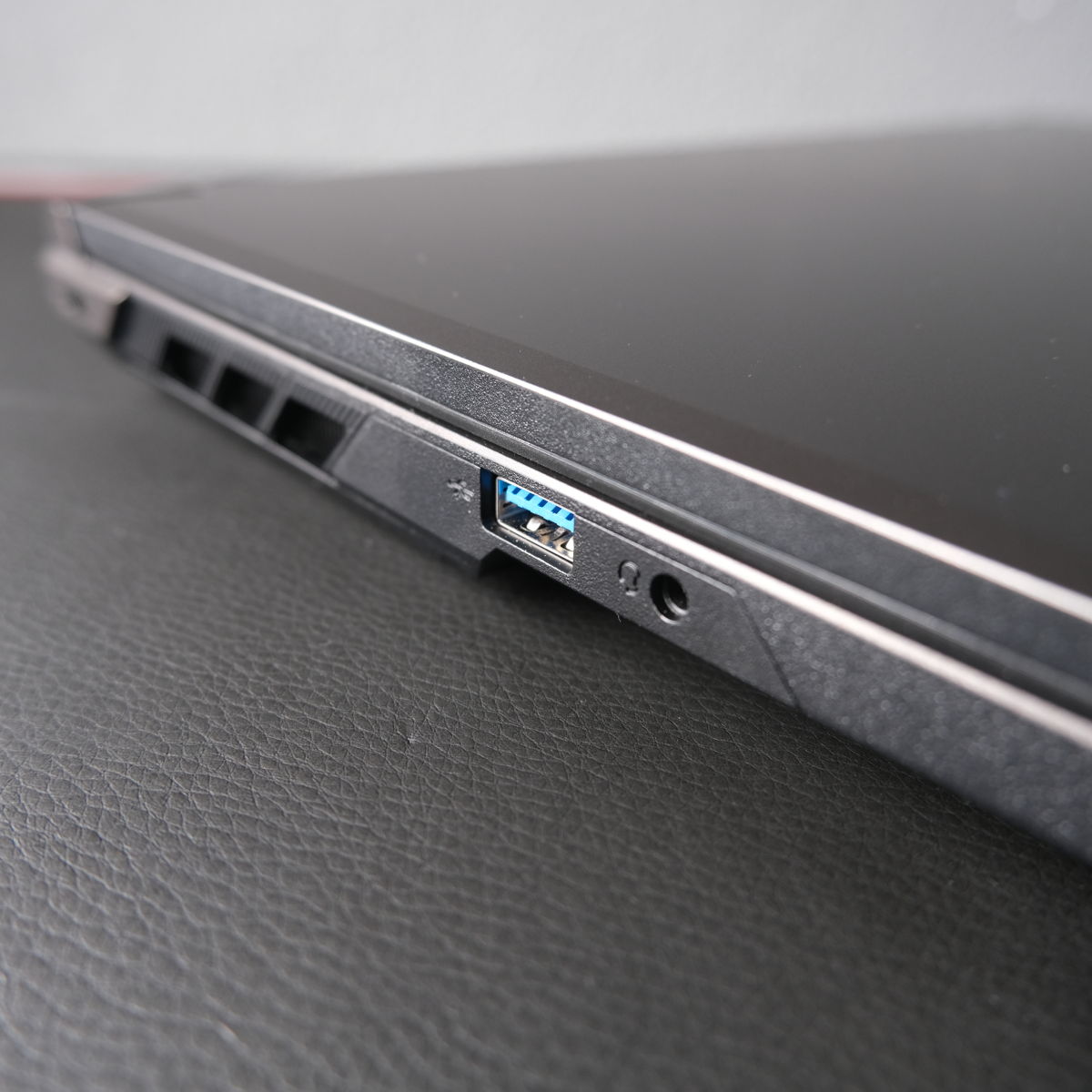 A close up of some ports on PCSpecialist Defiant 16, including USB-A and 3.5mm headphone jack.