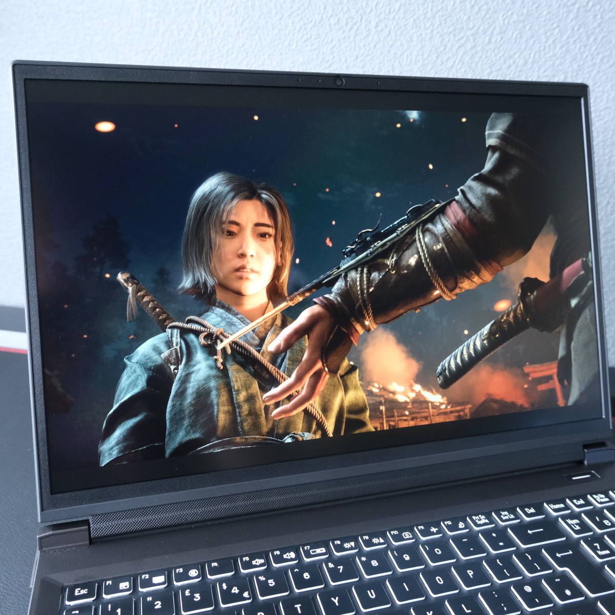 A close up of the PCSpecialist Defiant 16's screen, displaying a screenshot from Assassin's Creed Shadows.