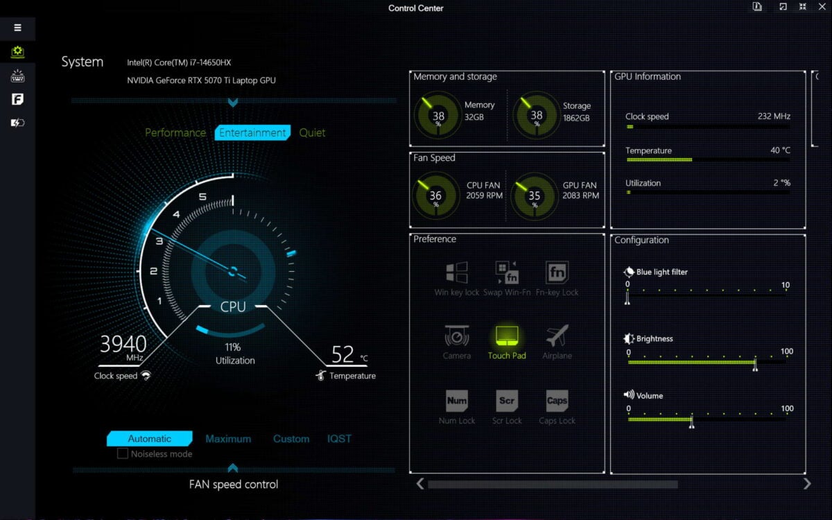 A screenshot of Control Center 3.0 running on PCSpecialist Defiant 16, showcasing the landing page.