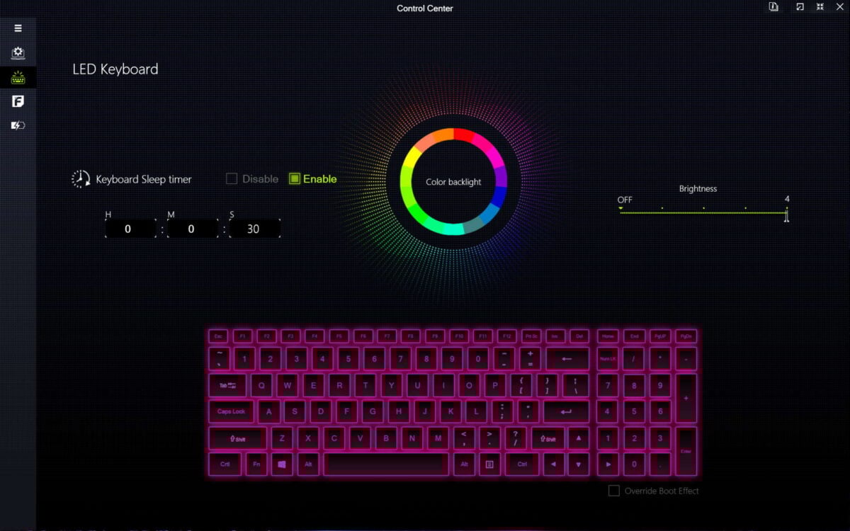 A screenshot of Control Center 3.0 running on PCSpecialist Defiant 16, showcasing keyboard RGB customisation.