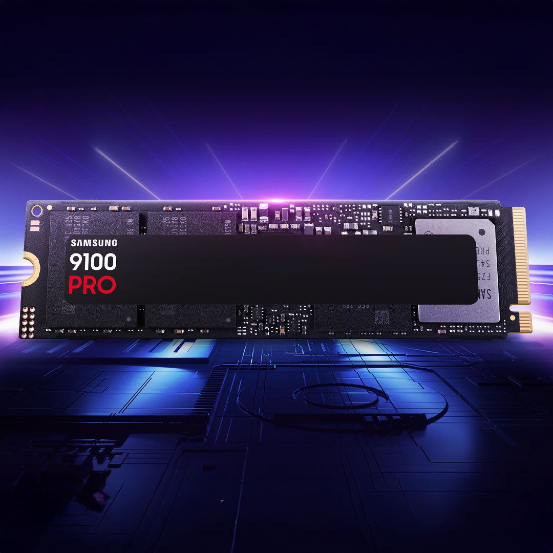 Samsung 9100 Pro SSD, floating with a purple backlight behind it.