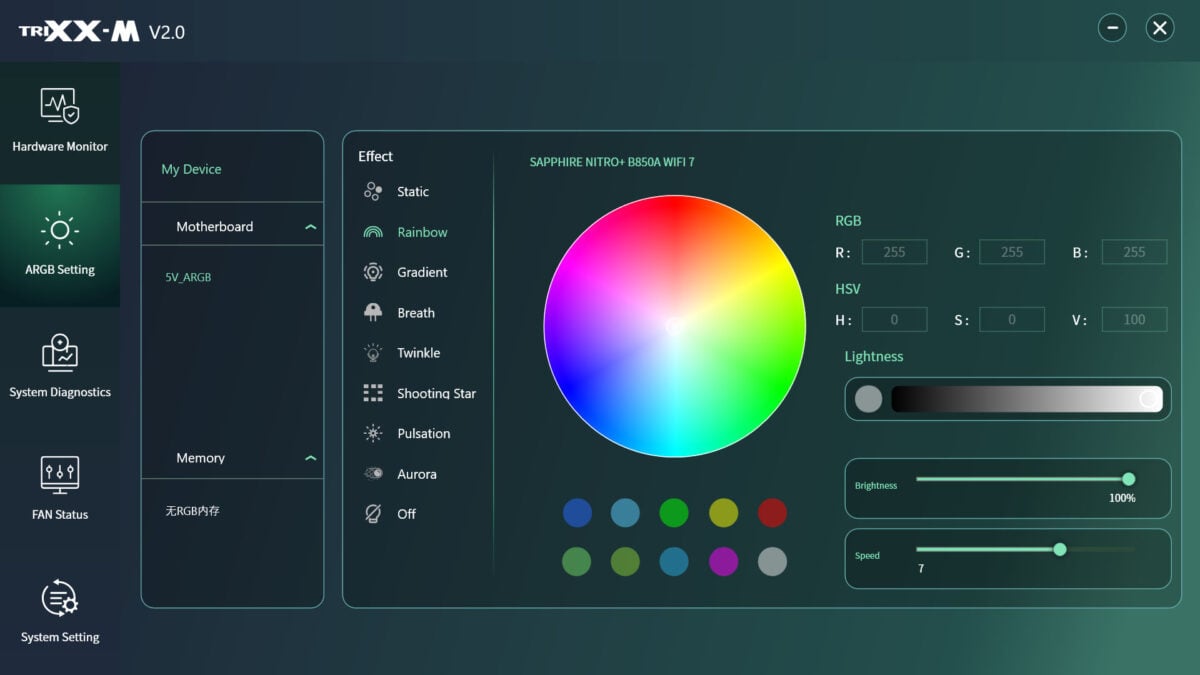 The 'ARGB Setting' tab on Sapphire TriXX-M software running on Nitro+ B850A WiFi 7.
